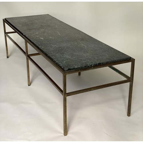 357 - LOW TABLE, 1960s rectangular variegrated green marble on patinated verdigris gilt metal support, 182... 