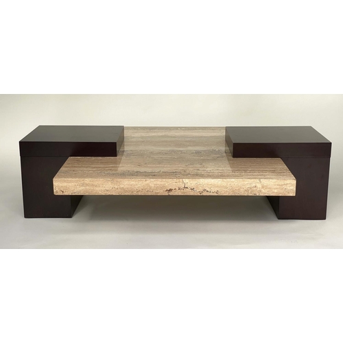 363 - STONE INTERNATIONAL LOW TABLE, 1970's Italian rectangular travertine marble with ebonised supports, ... 