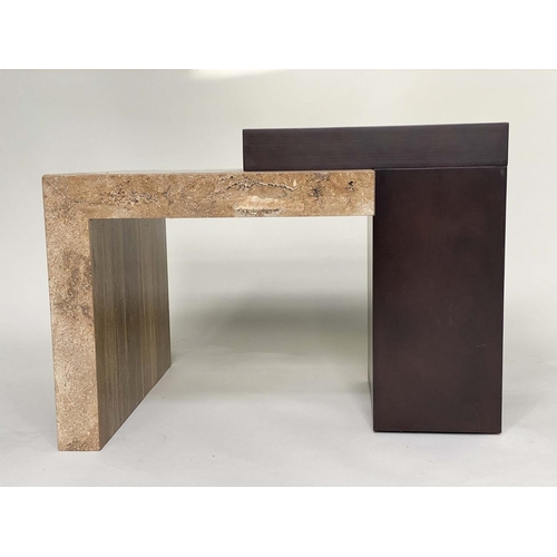 364 - LOW TABLE, 1970's Italian travertine marble with ebonised supports, 65cm x 85cm x 60cm H.