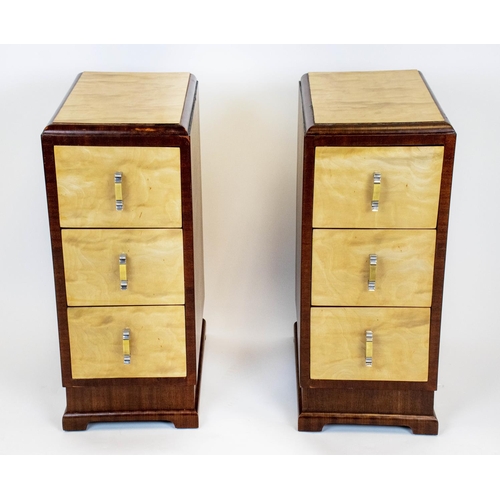 387 - BEDSIDE CHESTS, 72cm H x 30cm W x 46cm D, a pair, Art Deco birch and walnut, each with three drawers... 