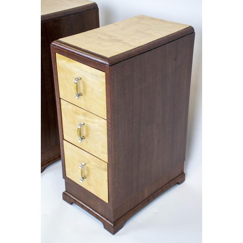 387 - BEDSIDE CHESTS, 72cm H x 30cm W x 46cm D, a pair, Art Deco birch and walnut, each with three drawers... 