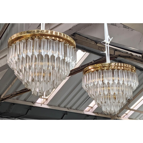 413 - MURANO GLASS CEILING LIGHTS, a pair, ceiling mounted with Quadedri drops on gilt frames, 34cm drop e... 