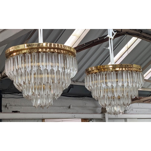 413 - MURANO GLASS CEILING LIGHTS, a pair, ceiling mounted with Quadedri drops on gilt frames, 34cm drop e... 