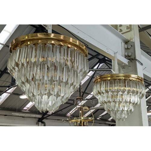 414 - MURANO GLASS CEILING LIGHTS, a pair, ceiling mounted with Quadedri drops on gilt frames, 34cm drop e... 
