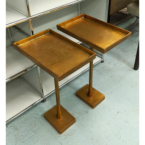 416 - PAOLO MOSCHINO RAZA SIDE TABLES, a pair, in brass, 40.5cm x 26cm x 65cm. (2)