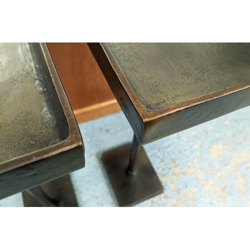 418 - PAOLO MOSCHINO RAZA SIDE TABLES, a pair, in petrol, 40.5cm x 26cm x 65cm. (2)