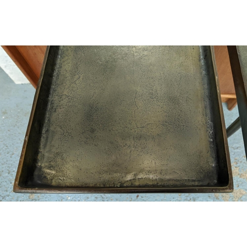 418 - PAOLO MOSCHINO RAZA SIDE TABLES, a pair, in petrol, 40.5cm x 26cm x 65cm. (2)