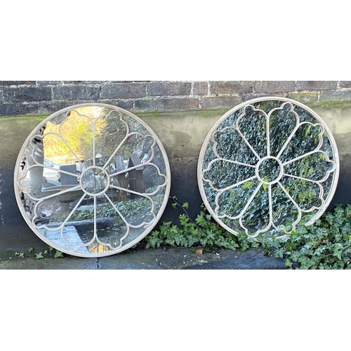 527 - CIRCULAR ARCHITECTURAL GARDEN MIRRORS, pair, 80cm diameter, applied glazing bars, aged white painted... 