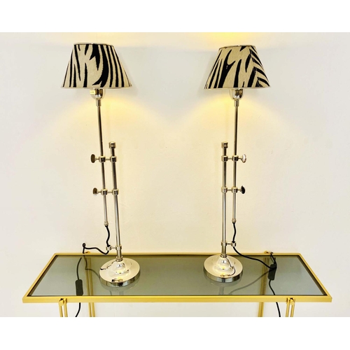 531 - TABLE LAMPS, a pair, 68cm high x 20cm diameter, adjustable height, zebra print shades. (2)