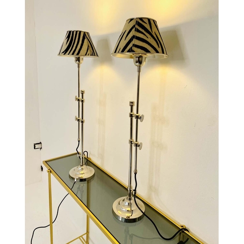 531 - TABLE LAMPS, a pair, 68cm high x 20cm diameter, adjustable height, zebra print shades. (2)