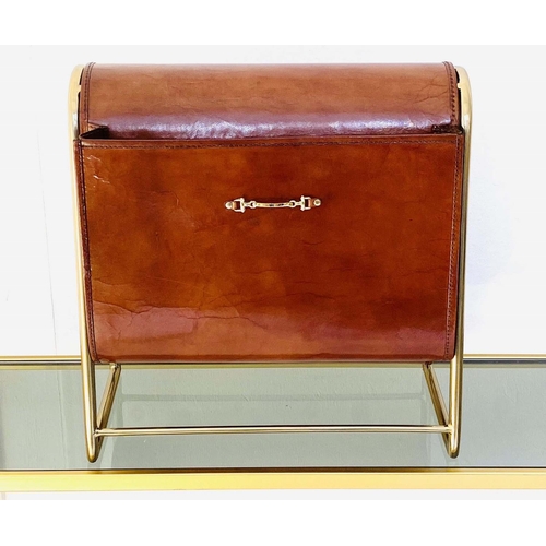 532 - READING RACK, 39cm x 38cm x 20cm, 1950s French style, brown leather, gilt metal frame.