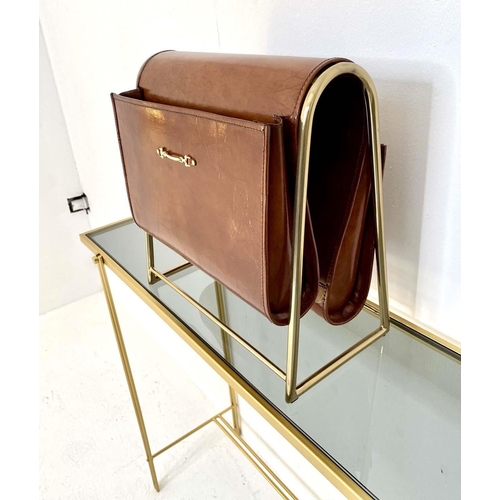 532 - READING RACK, 39cm x 38cm x 20cm, 1950s French style, brown leather, gilt metal frame.