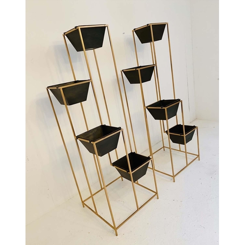 537 - TIERED PLANTERS, pair, 145cm high x 49cm wide, black troughs in gilt metal frame. (2)