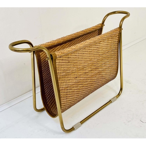 538 - READING RACK, 39cm high x 64cm wide x 20cm deep, 1970s Italian style rattan and gilt metal.