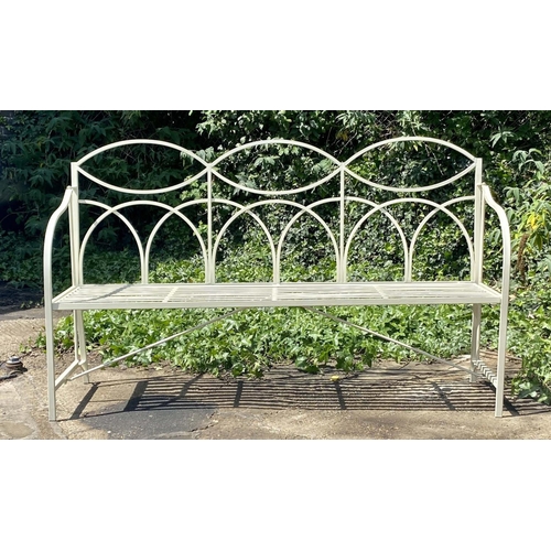 539 - GARDEN BENCH, 99cm high x 165cm wide x 43cm deep, Regency style, white painted metal.