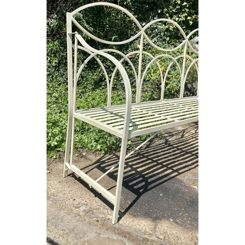 539 - GARDEN BENCH, 99cm high x 165cm wide x 43cm deep, Regency style, white painted metal.