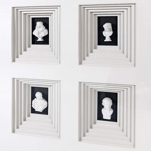 544 - CLASSICAL STYLE MINIATURE BUST DISPLAY, framed and glazed, 110cm x 100cm.