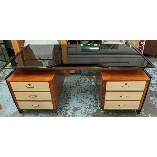 555 - DESK, vintage 20th century, smoked glass top, ebonised detail with three vellum fronted drawers each... 