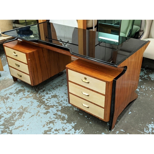 555 - DESK, vintage 20th century, smoked glass top, ebonised detail with three vellum fronted drawers each... 