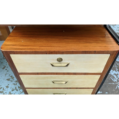 555 - DESK, vintage 20th century, smoked glass top, ebonised detail with three vellum fronted drawers each... 