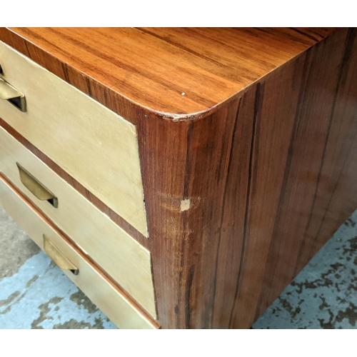 555 - DESK, vintage 20th century, smoked glass top, ebonised detail with three vellum fronted drawers each... 