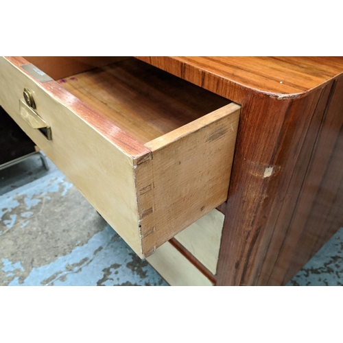 555 - DESK, vintage 20th century, smoked glass top, ebonised detail with three vellum fronted drawers each... 