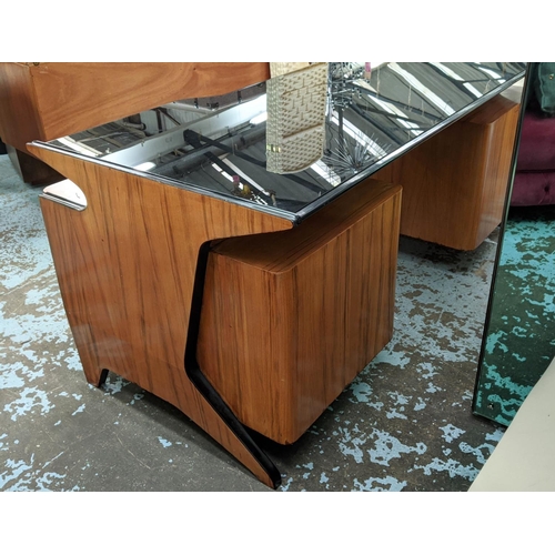 555 - DESK, vintage 20th century, smoked glass top, ebonised detail with three vellum fronted drawers each... 