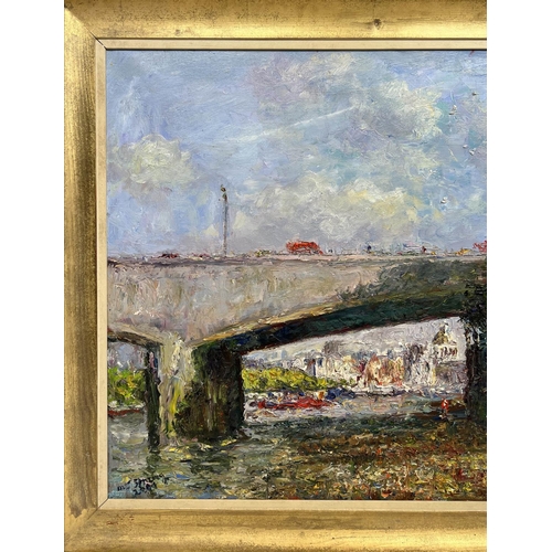 57 - MICHAEL JAMES STRANG (British 1942-2021) 'St Paul’s  from under Waterloo Bridge', oil on canvas, sig... 