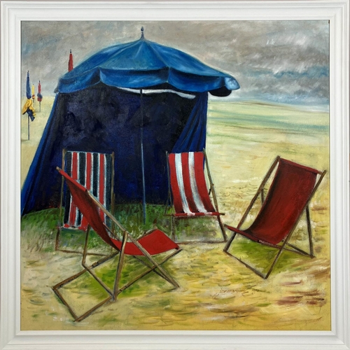 80 - JAMES BROWN, 'Beach scene', oil on canvas, 120cm x 122cm, signed and dated 1998, framed.