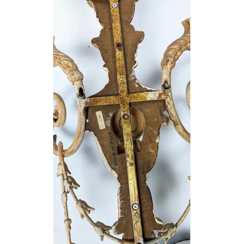 25 - WALL CANDELABRA, a pair, Neoclassical style, each with twin branches wood and scrolling metal in a d... 