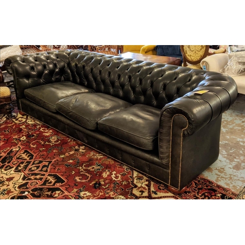 580 - CHESTERFIELD SOFA FROM HARRODS, 265cm L x 73cm H three seater with black leather upholstery.