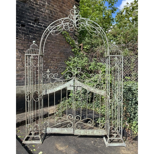 503 - ARCHITECTURAL GARDEN GATE, Regency style, aged painted metal, 250cm x 185cm x 38cm.