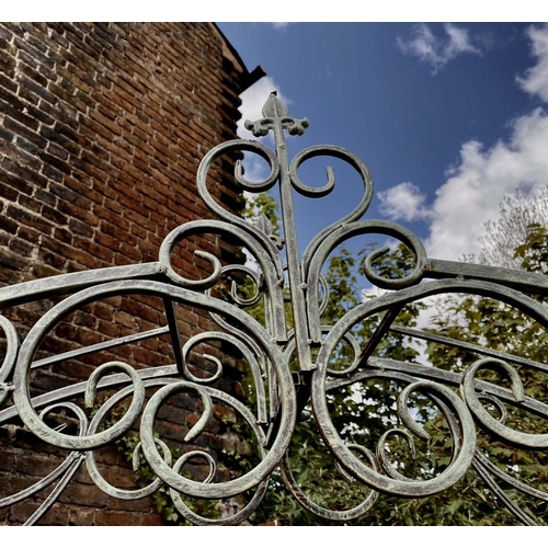 503 - ARCHITECTURAL GARDEN GATE, Regency style, aged painted metal, 250cm x 185cm x 38cm.