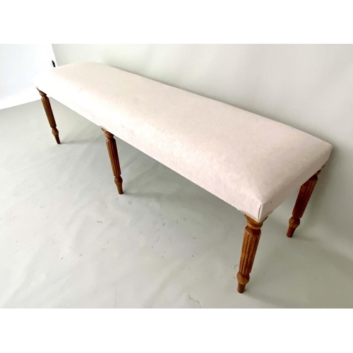 508 - HALL SEAT, neutral linen upholstery, turned supports, 49cm x 151cm x 41cm.