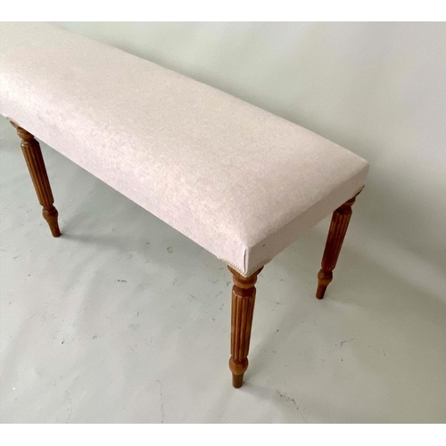 508 - HALL SEAT, neutral linen upholstery, turned supports, 49cm x 151cm x 41cm.