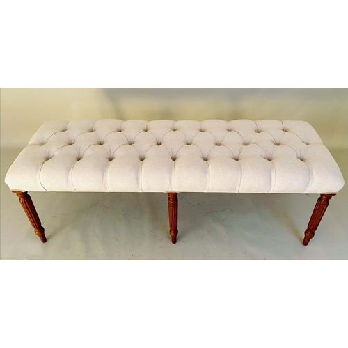 521 - HALL SEAT, 51cm H x 122cm W x 44cm D, deep buttoned neutral upholstery, raised on turned legs.