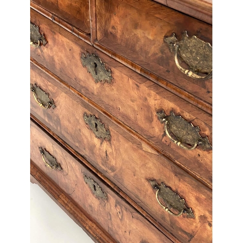 101 - CHEST, early 18th century English Queen Anne figured walnut and crossbanded with two short above thr... 
