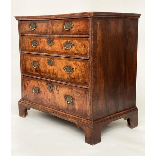 101 - CHEST, early 18th century English Queen Anne figured walnut and crossbanded with two short above thr... 