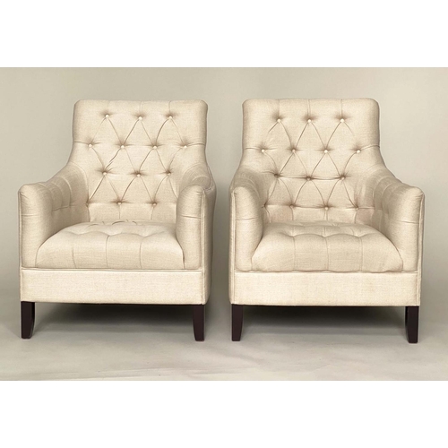 102 - ARMCHAIRS, a pair, buttoned linen upholstered with square backs and arms and tapering supports, 78cm... 