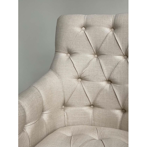 102 - ARMCHAIRS, a pair, buttoned linen upholstered with square backs and arms and tapering supports, 78cm... 