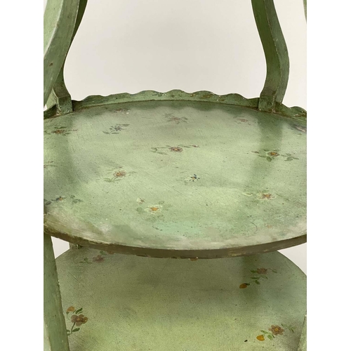 104 - LAMP TABLE, 76cm H x 48cm W, early 20th century green with hand painted bouquets and three circular ... 