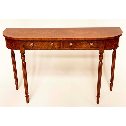 105 - HALL TABLE, Regency design burr walnut and crossbanded with two frieze drawers and reeded tapering s... 