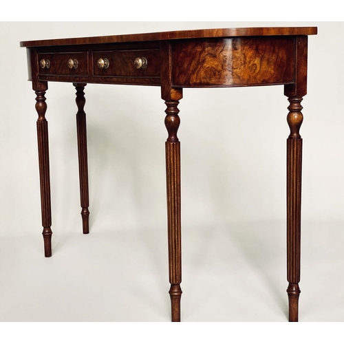 105 - HALL TABLE, Regency design burr walnut and crossbanded with two frieze drawers and reeded tapering s... 