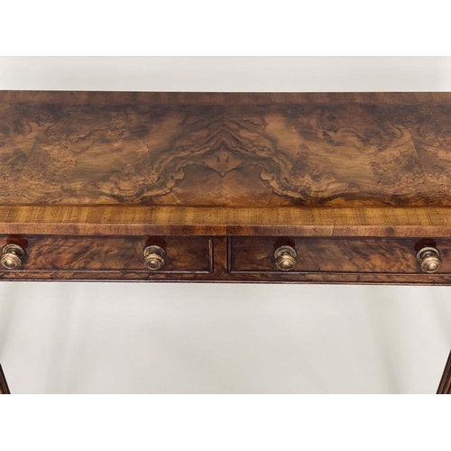 105 - HALL TABLE, Regency design burr walnut and crossbanded with two frieze drawers and reeded tapering s... 