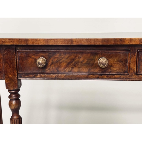 105 - HALL TABLE, Regency design burr walnut and crossbanded with two frieze drawers and reeded tapering s... 