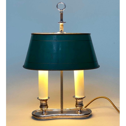 106 - BOUILLOTTE TABLE LAMP, early 20th century silver plated with adjustable oval green toleware shade, 3... 