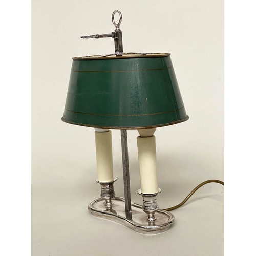 106 - BOUILLOTTE TABLE LAMP, early 20th century silver plated with adjustable oval green toleware shade, 3... 