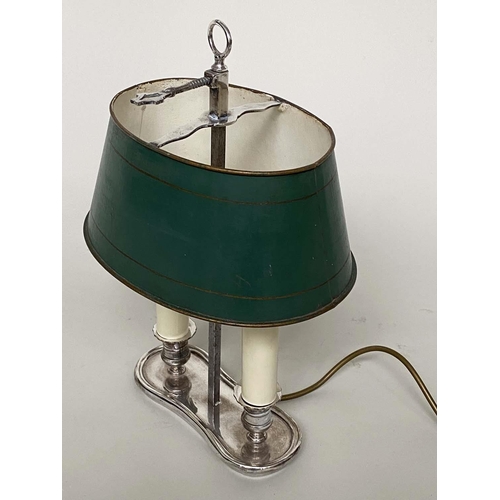 106 - BOUILLOTTE TABLE LAMP, early 20th century silver plated with adjustable oval green toleware shade, 3... 