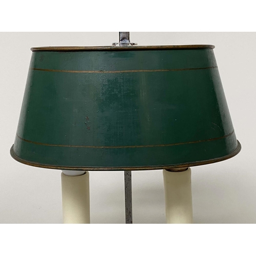 106 - BOUILLOTTE TABLE LAMP, early 20th century silver plated with adjustable oval green toleware shade, 3... 