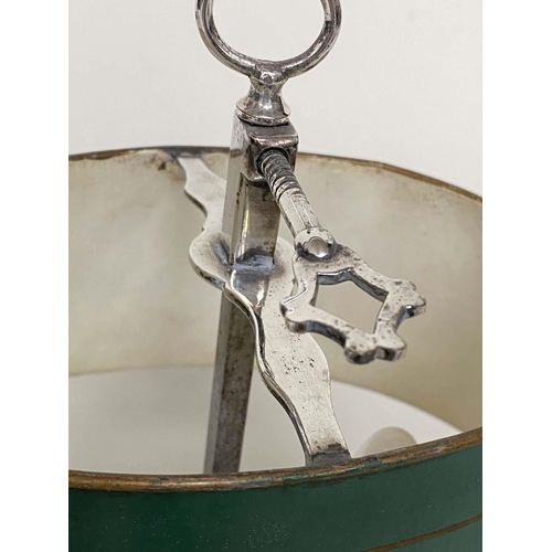 106 - BOUILLOTTE TABLE LAMP, early 20th century silver plated with adjustable oval green toleware shade, 3... 